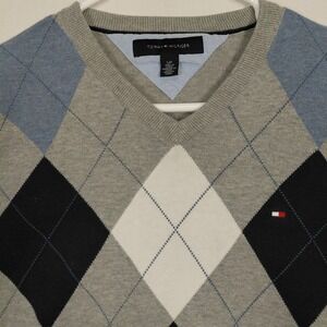 Tommy Hilfiger Size S Argyle V Neck Sweater Men Pullover Gray Blue Cotton Preppy